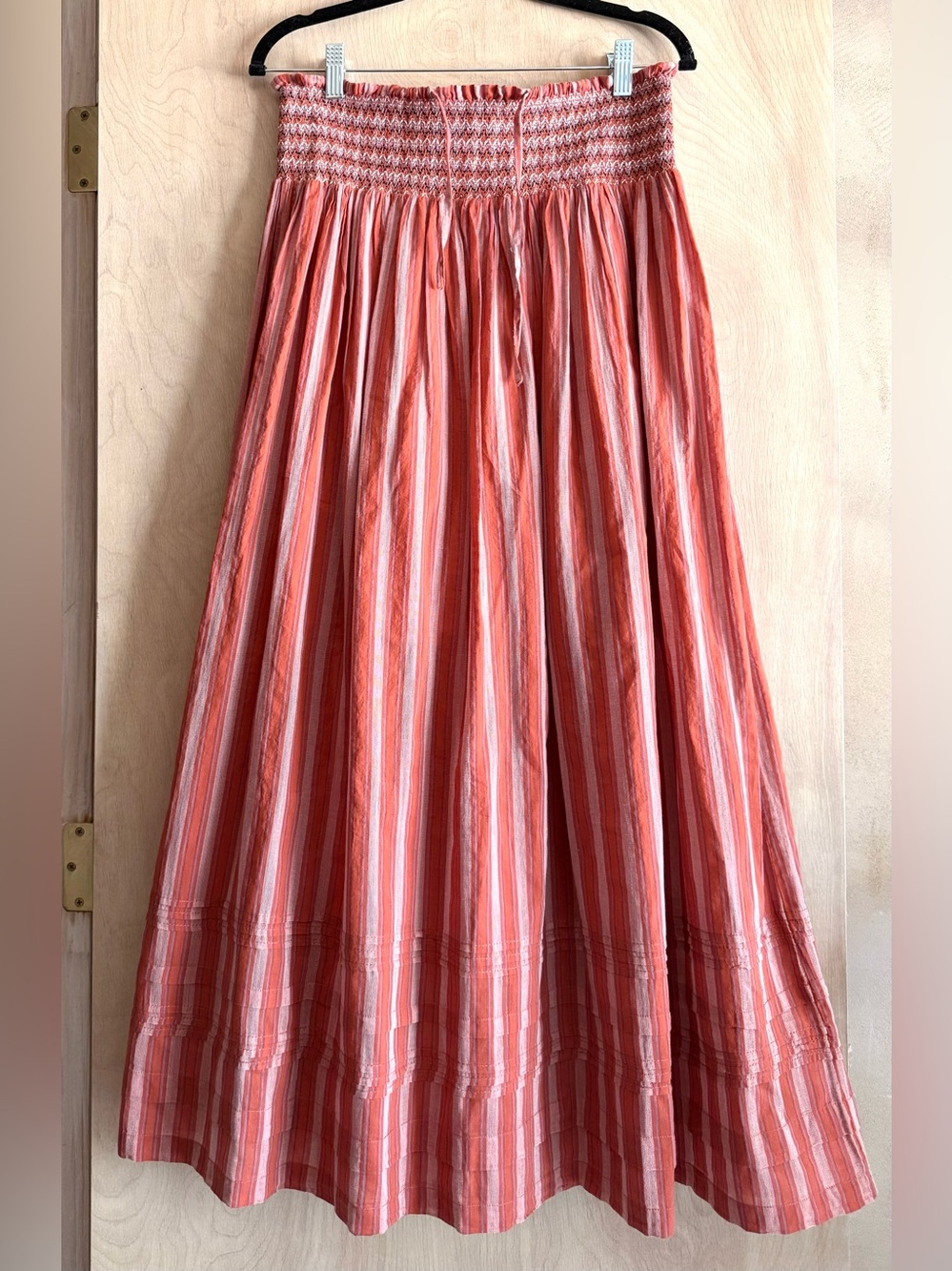 Wrap London Striped Cotton Maxi Skirt Burnt Orange Smocked Boho Womens US 14 NWT